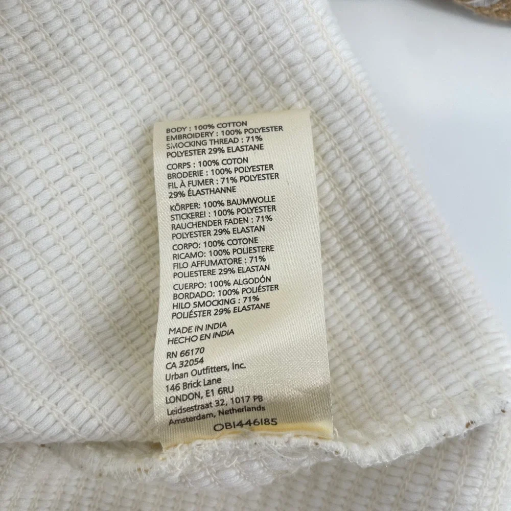 Anthropologie Blouse Womens L Ivory Smocked Embroidered Puff Sleeve Boho Peasant